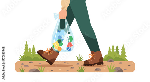 A person walks on a dirt path carrying a transparent plastic bag filled with colorful trash amidst green trees and bushes.