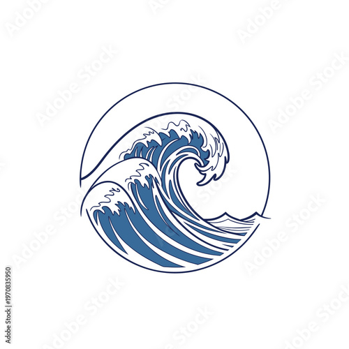 A blue wave icon in a circular design on a white background