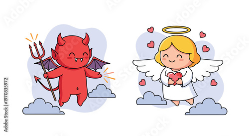 Adorable cartoon characters of a little red devil and a sweet white angel float among clouds and hearts.