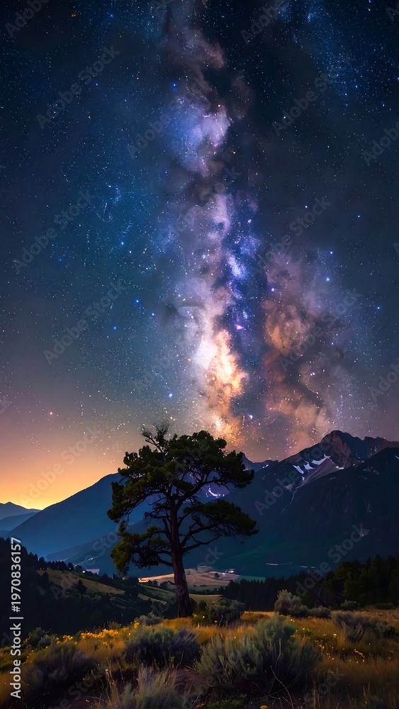 Fototapeta premium A majestic tree under a breathtaking starry night sky