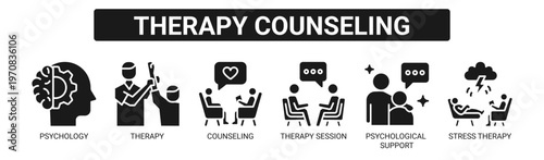 Therapy Counseling web banner icon vector illustration concept with icons of psychology, therapy, counseling, therapy session, psychological support, and stress therapy.