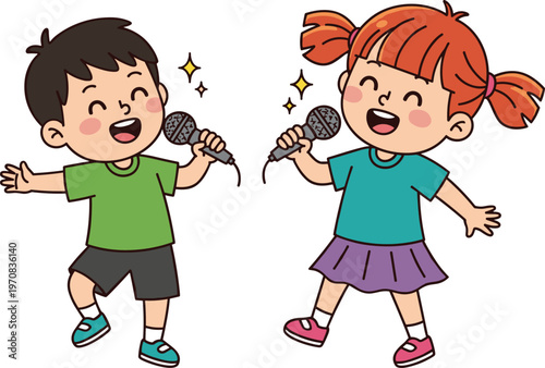 Happy kids singing with microphones vector illustration cartoon children performing music for entertainment education talent show and playful lifestyle design