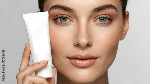 Close-up of a beautiful young woman model holding a blank white cosmetic tube beside her face