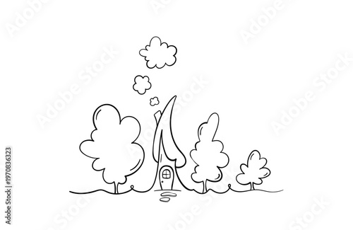 Cute hand-drawn line illustration of a whimsical fairy house with trees. Minimal doodle style, perfect for kids design, storybooks, invitations, logos, and cozy nature themes.