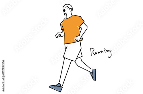オレンジのウェアを着て軽快にランニングをする男性の手描き風線画イラスト