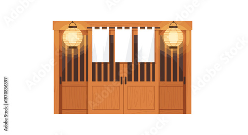 A traditional Japanese wooden restaurant entrance features two sliding doors, two white noren curtains, and two illuminated round paper lanterns.