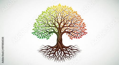 Vector Illustration of a Stylized Tree of Life with Twisted Trunk and Seasonal Gradient Leaves from Green to Red