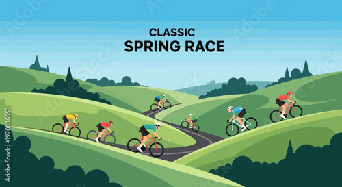Spring Cycling Competition On Winding Country Road