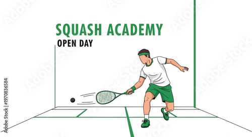 Squash Academy Open Day Promotion: Energetic Athlete Demonstrates Racket Sport Skill