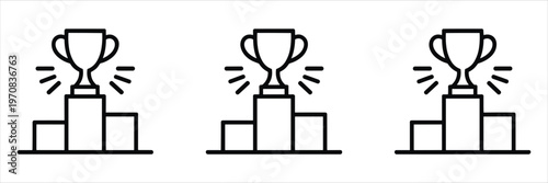 Three identical trophy on podium icons with radiating lines on white background winner first place