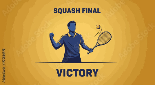Squash Champion Celebrating Victory with Racket and Ball on a Goldish Background