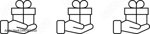 Three identical hand holding gift box icons on white background present giving