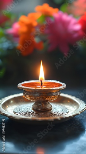 photograph of Diwali diya reflected in brass plate white background