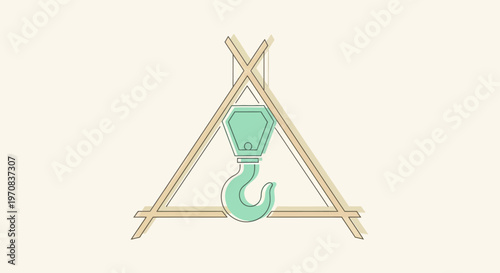 Minimalist illustration of a crane hook hanging from a wooden A-frame structure