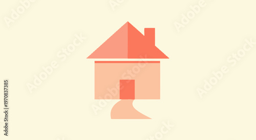 Minimalist Coral House Icon with Pathway on Cream Background
