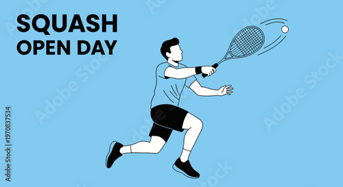 Squash Open Day Illustration Featuring a Player in Action on Light Blue Background