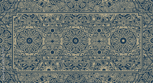 Intricate ornamental pattern with geometric and floral motifs in muted blue and beige tones, framed in a decorative border, reminiscent of traditional textile designs.