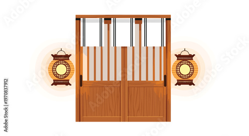 A traditional Japanese wooden entrance features two sliding doors, four white noren curtains, and two glowing round paper lanterns hanging on the sides.