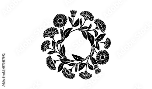 Calendula officinalis floral stencil badge vector with herbal medicine plant silhouette elements