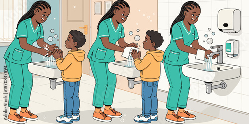 a vibrant  wash area where multiple children and women are  washing their hand 