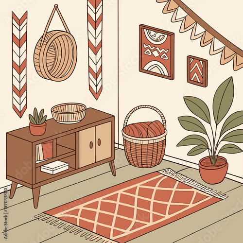 A cozy living room with a mid-century modern sideboard and decorative baskets