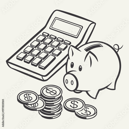 A simple line art illustration of a piggy bank with a calculator and coins