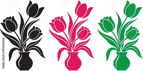 Colorful Tulip Flower Bouquet Silhouettes in Vases Set.