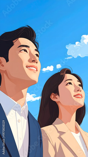 スーツ姿で空を見上げる男女
