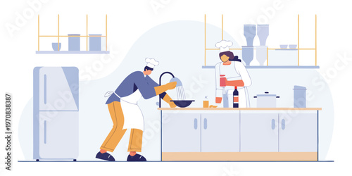 a professional kitchen environment where a chef is washing some food and a women are cooking 