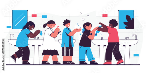 a vibrant school wash area where multiple children washing their hand 