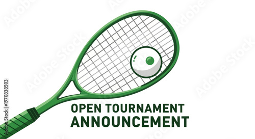 Squash Tournament Announcement with Green Racket and Ball Illustration on White Background
