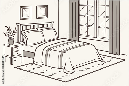A minimalist line art illustration of a cozy bedroom interior with a bed and nightstand