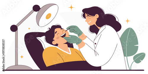 A female dentist in a white coat examines a male patient's teeth in a dental clinic illustration.