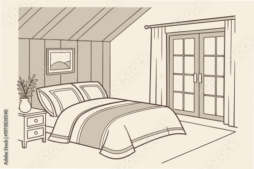 A minimalist line art illustration of a cozy bedroom with a bed and nightstand