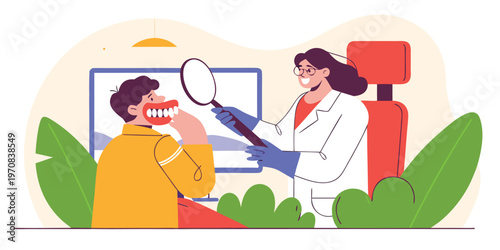 Female dentist examining a young man's teeth using a magnifying glass in a modern clinic