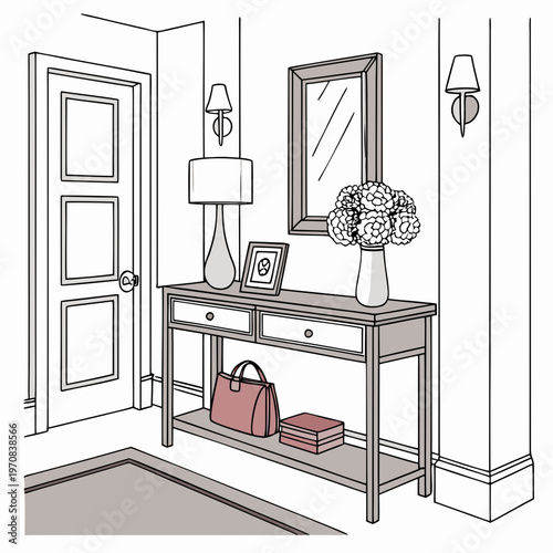 A minimalist line art illustration of a console table in an entryway with a mirror and lamp