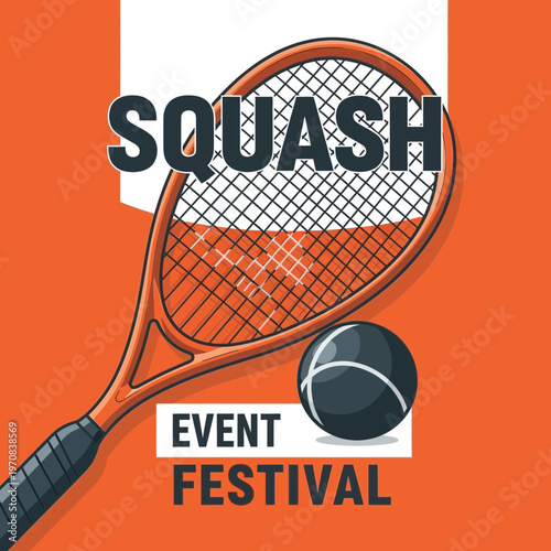 Squash Tournament Branding: Event Festival Design with Racket, Ball, and Bold Orange Background