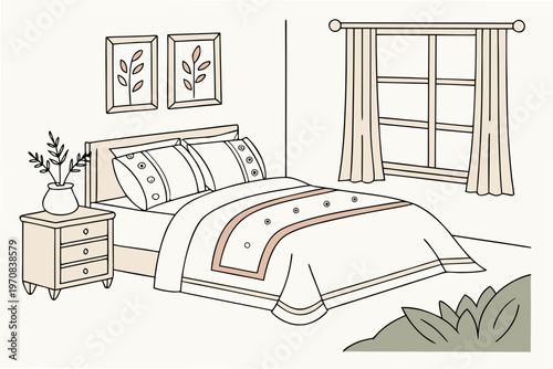A minimalist line art illustration of a cozy bedroom with a bed and nightstand