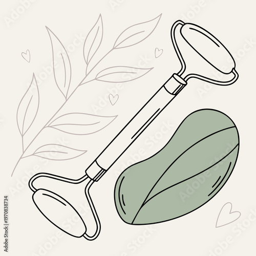A vector graphic illustration of a jade roller and gua sha tool for skincare and facial massage