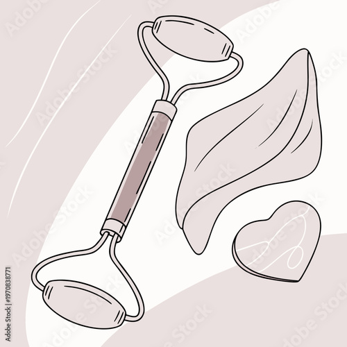 A minimalist vector illustration of a facial roller and jade stones for skincare