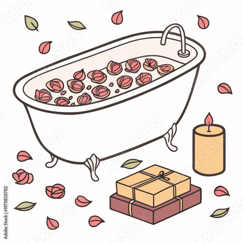 A serene vector illustration of a bathtub filled with rose petals and surrounded by gifts and a candle