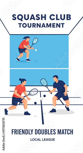 Squash Tournament Illustration: Friendly Doubles Match Display for Local League Sport Promotion