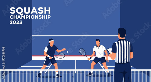 Squash Tournament Illustration Featuring Two Players, Referee, and Championship Branding