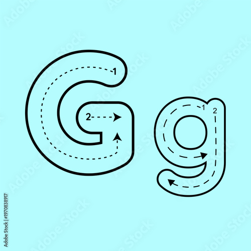 Educational alphabet tracing guide for uppercase and lowercase letter G. Featuring instructional arrows and dashed paths to assist children in learning correct letter formation and penmanship.