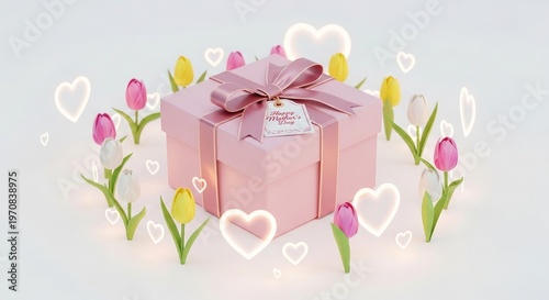 Pink gift box with bow and Happy Mothers Day tag surrounded by tulips and hearts mother's day background wallpaper poster banner download 2026 2027