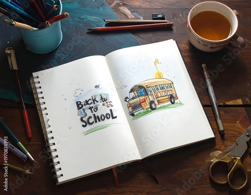 A notebook with a school bus and back to school text on a desk
