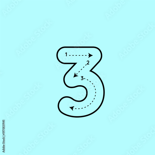 Professional vector illustration for number 3 tracing. This educational worksheet is designed for preschool and kindergarten students to master penmanship using dashed lines.