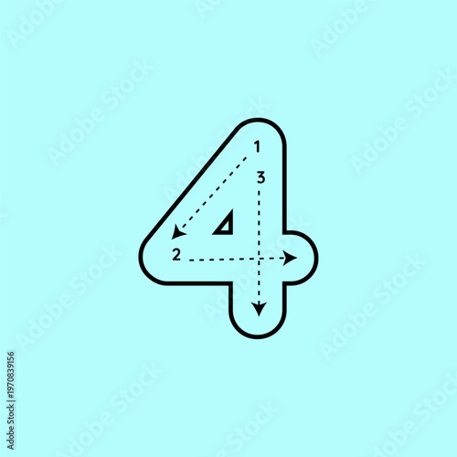 Professional vector illustration for number 4 tracing. This educational worksheet is designed for preschool and kindergarten students to master penmanship using dashed lines.