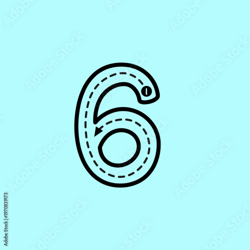 Professional vector illustration for number 6 tracing. This educational worksheet is designed for preschool and kindergarten students to master penmanship using dashed lines and directional arrows.