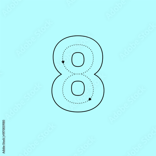 Professional vector illustration for number 8 tracing. This educational worksheet is designed for preschool and kindergarten students to master penmanship using dashed lines and directional arrows. 